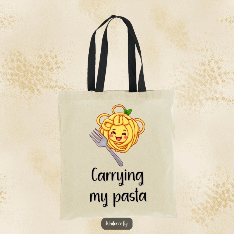 Funny tote bag with a joyful yellow noodle character twirling noodles around a fork, a fun and functional accessory.