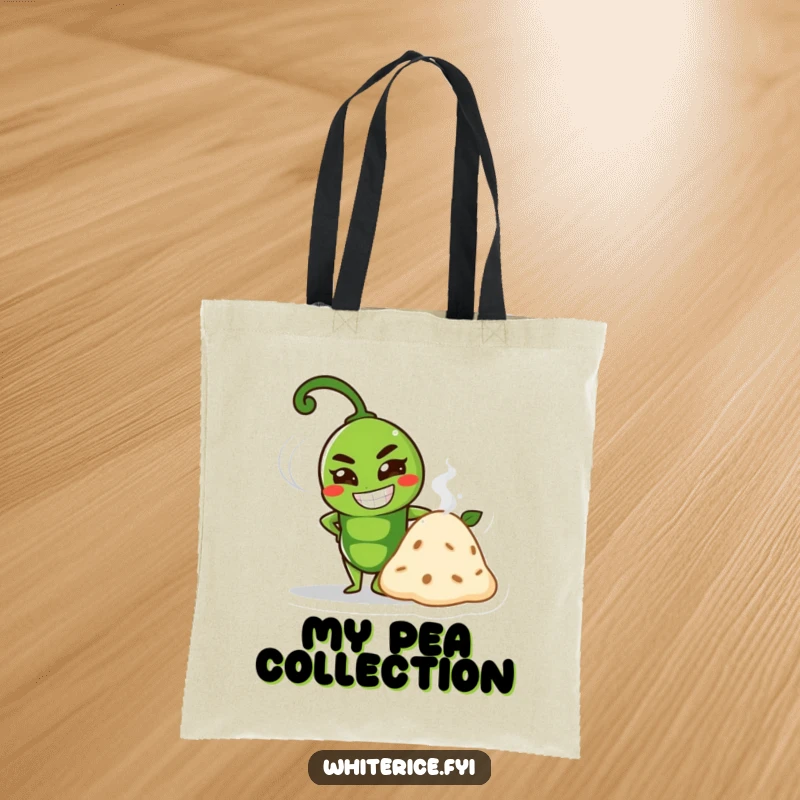 Funny proud green pea character with a determined grin posing by a steaming mound on a funny tote bag.