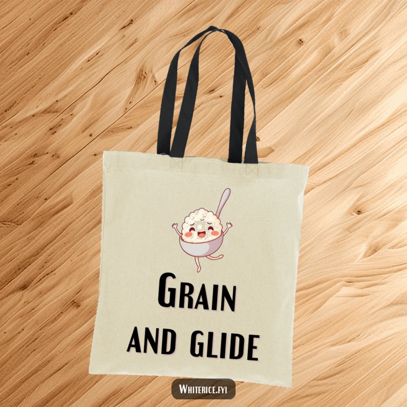 Funny Tote Bag: A joyful spoonful of rice pirouetting elegantly, perfect for carrying groceries with a humorous flair.