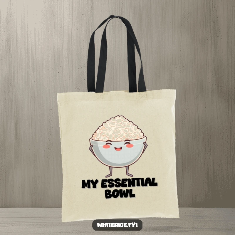 Funny proud rice bowl tote bag with a smiling bowl of rice and tiny legs striking a proud pose.