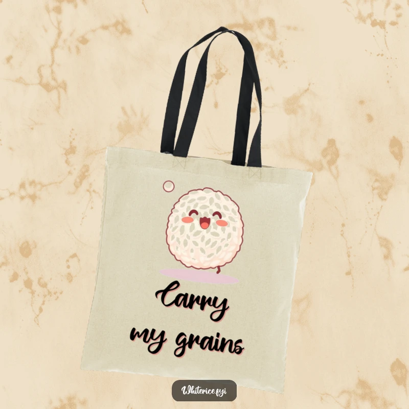 Funny tote bag with a happy grain of white rice joyfully bouncing a tiny ball, perfect for everyday use.