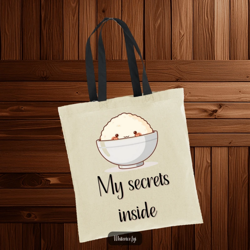 Funny tote bag showcasing a blushing rice cake shyly peeking from behind a larger bowl, full of adorable shyness.