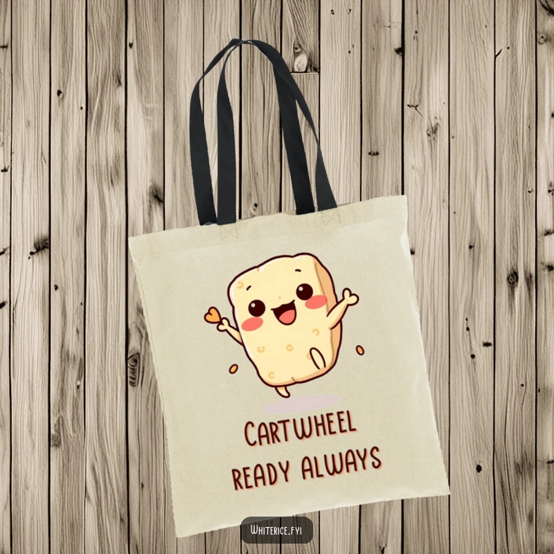 Funny Rice Cracker Tote Bag: Cute Kawaii character doing a gymnastic flip, highlighting its playful nature and snack-themed fun, great for shopping.