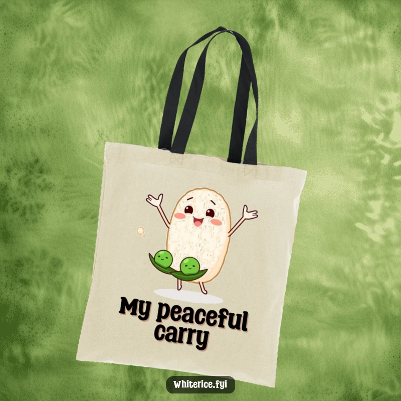 Funny tote bag featuring a happy rice grain juggling peas, great for carrying essentials with a smile.