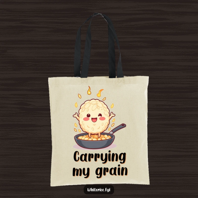 Funny beige rice grain character with tiny legs flipping food in a pan, on a sturdy funny tote bag.
