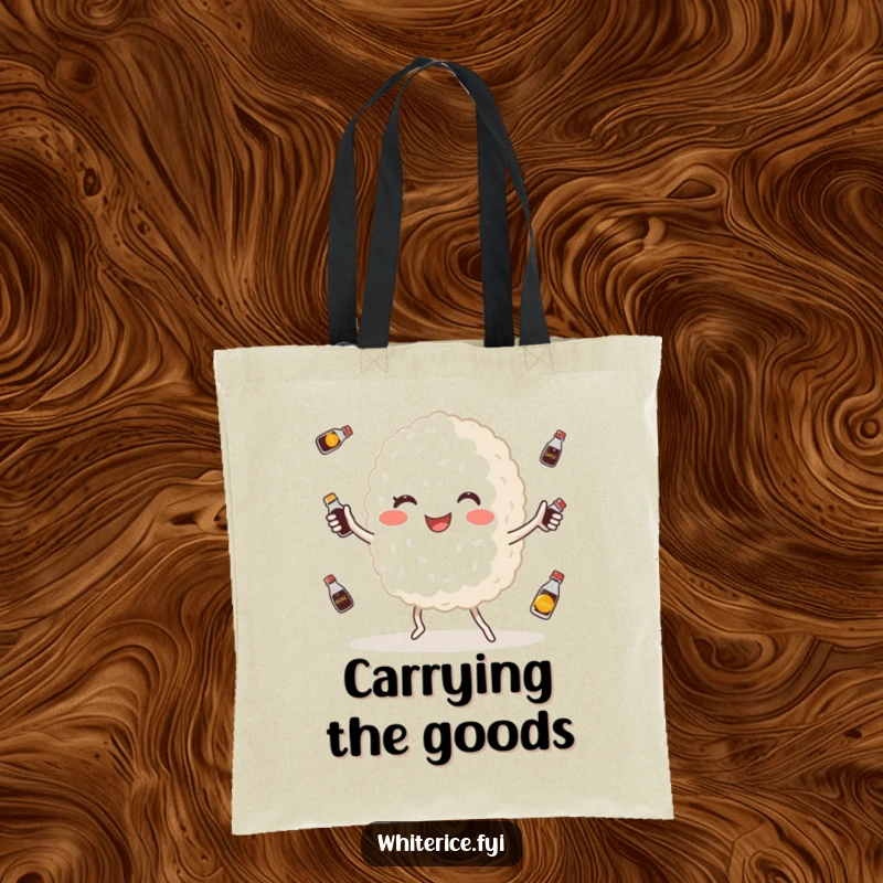 Funny tote bag showing a happy, plump white rice grain character in action, juggling miniature soy sauce bottles, great for errands.