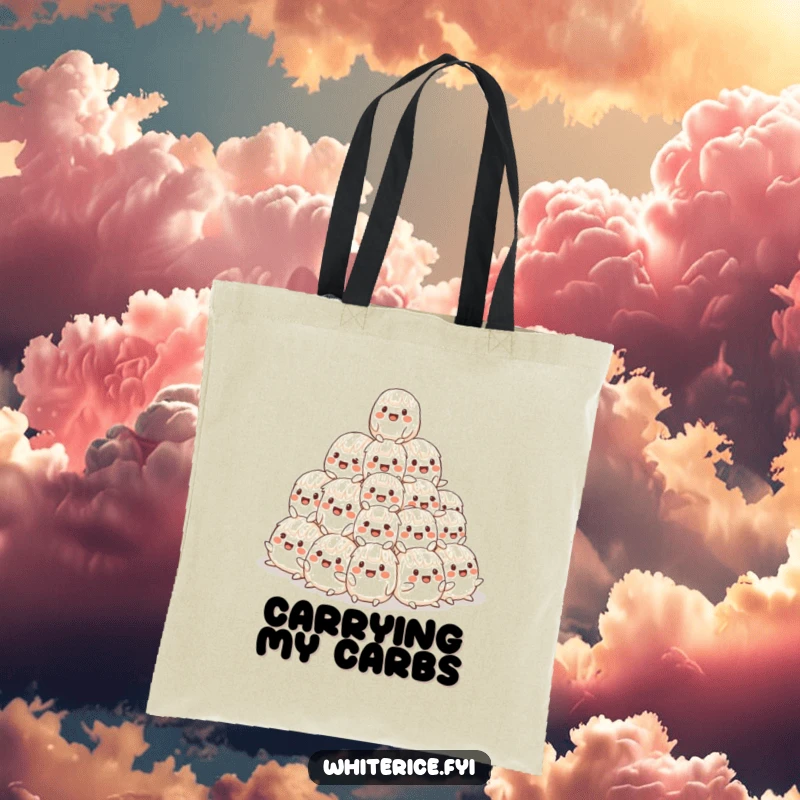 Funny tote bag displaying a joyful, wobbly pyramid of smiling rice characters, ready for shopping adventures.