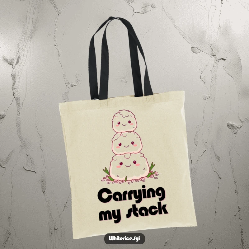Funny tote bag with a happy stack of white rice characters forming a pyramid, ideal for carrying essentials joyfully.
