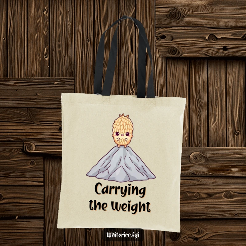 Funny tote bag with a determined grain of rice standing tall on a mountain of others, symbolizing ambition.