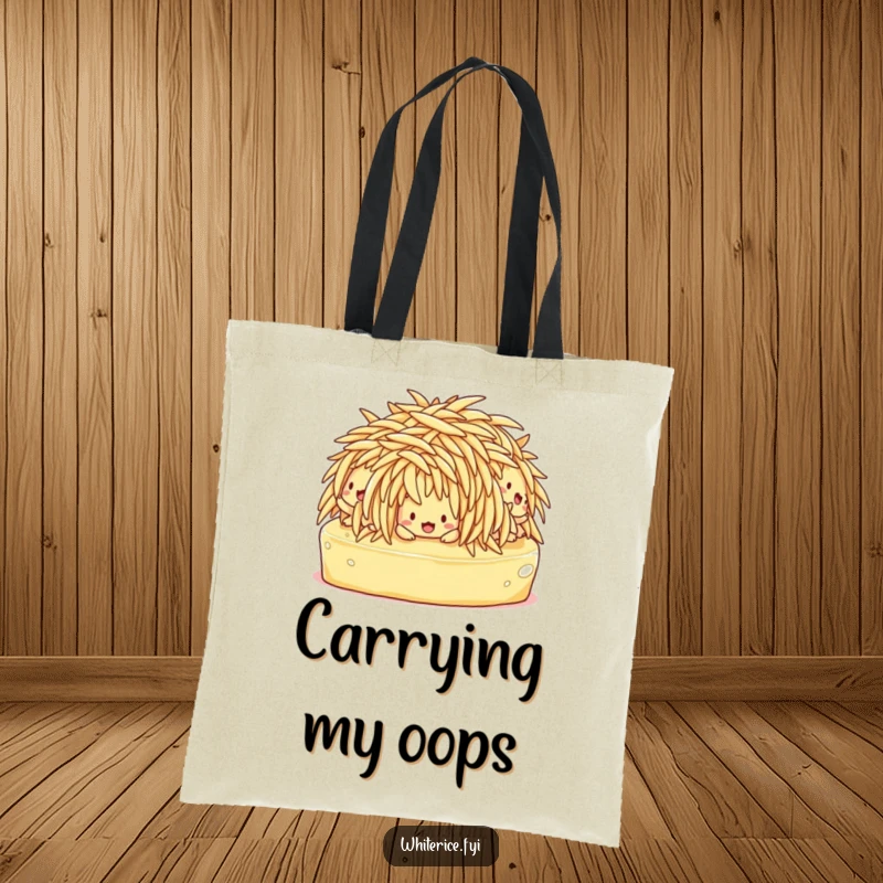 Funny tote bag depicting confused rice characters comically slipping on butter, a humorous companion for daily errands.