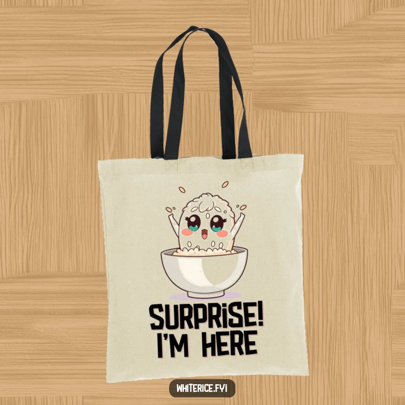 Funny rice tote bag shows a surprised grain of rice character mid-leap from a bowl with wide eyes, perfect for carrying essentials humorously.