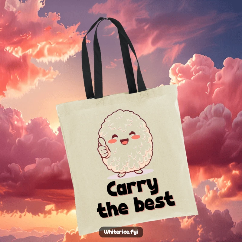 Funny heap of white rice giving a thumbs-up tote bag, sturdy and cheerful for carrying essentials with a positive message.