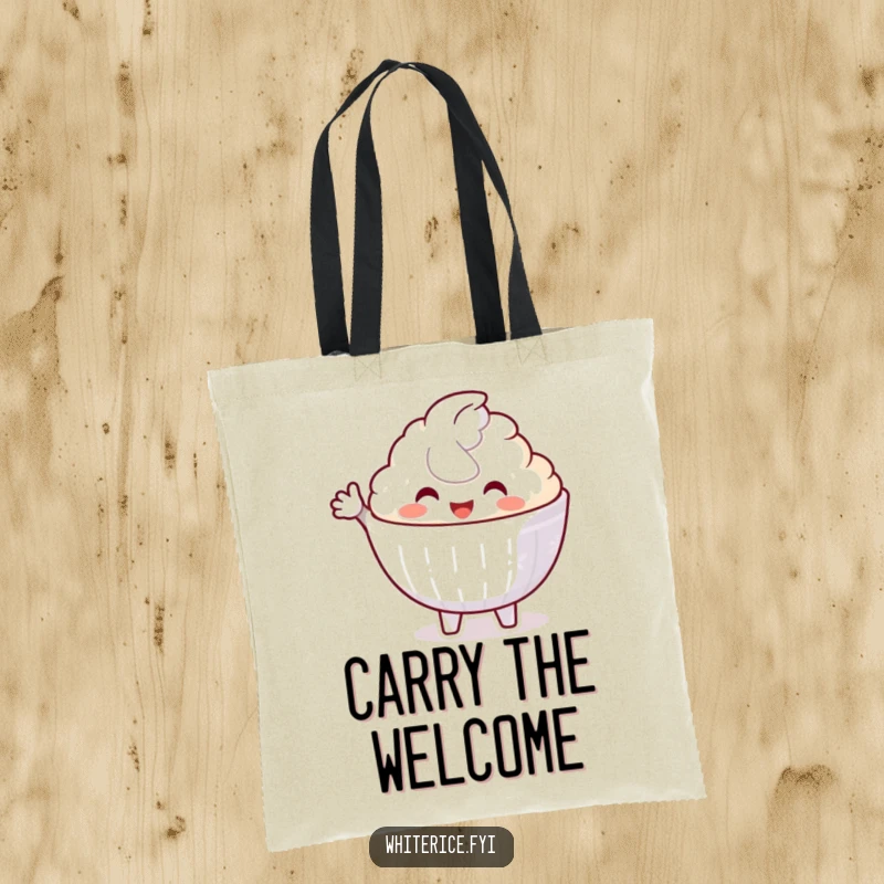 Funny tote bag with a delighted white rice bowl character making a welcoming gesture, ideal for carrying warmth.