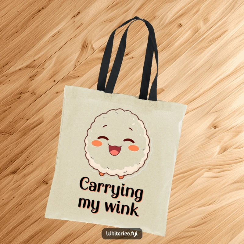 Funny tote bag showing a delighted rice ball character giving a charming wink, a playful and practical accessory for everyday use.