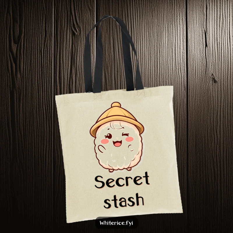 Funny tote bag depicting a happy rice character in a small hat giving a friendly wink, symbolizing playful charm and wit.
