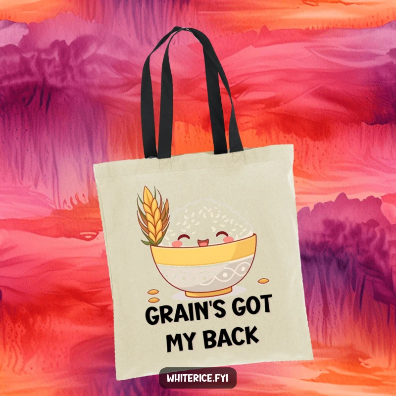 Funny tote bag depicting a happy rice bowl peeking from behind a large grain, a humorous and practical accessory.