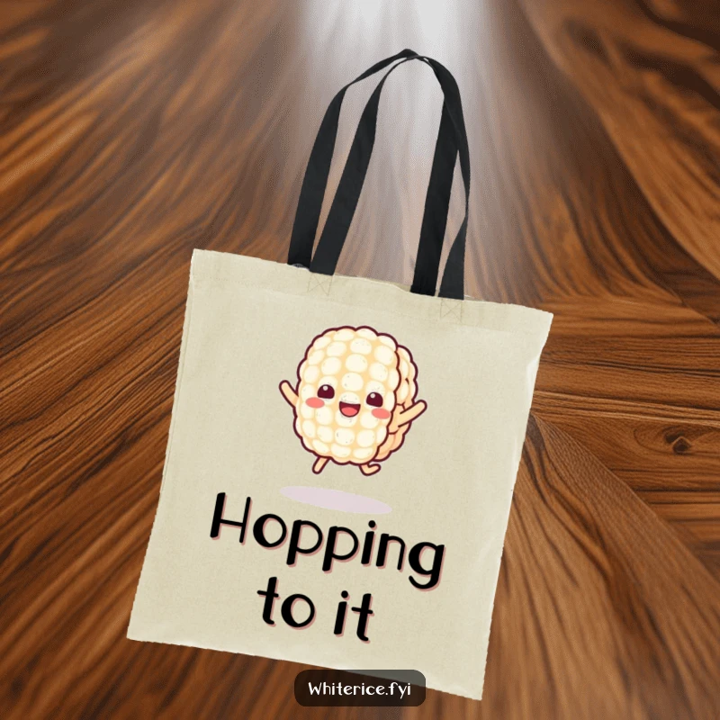 Funny Kawaii Rice Tote Bag featuring a cheerful rice grain character joyfully jumping, perfect for carrying groceries and everyday items with cute humor.
