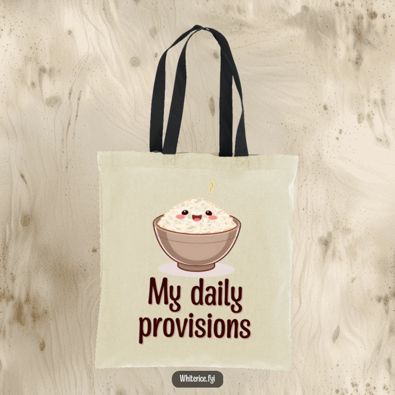Funny Rice Grain Tote Bag with a happy rice grain served in a small bowl, ideal for carrying essentials with foodie flair.