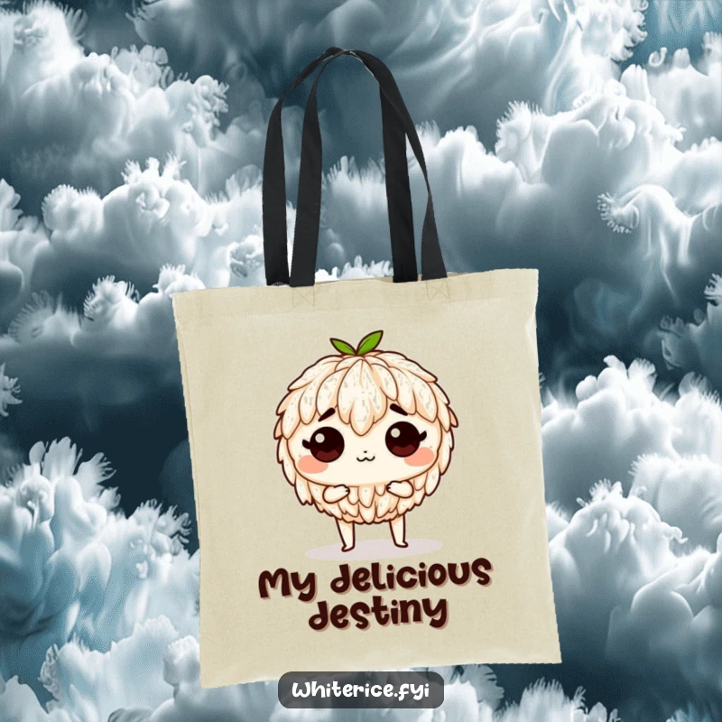 Funny determined rice tote bag, ready to be eaten, a humorous and practical accessory for grocery runs and culinary quests.