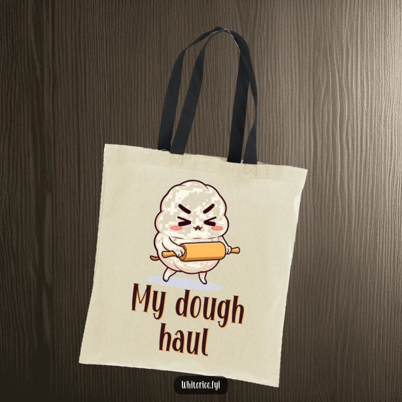 Funny tote bag showcasing a determined rice dumpling character pushing a tiny rolling pin, perfect for carrying daily goals.