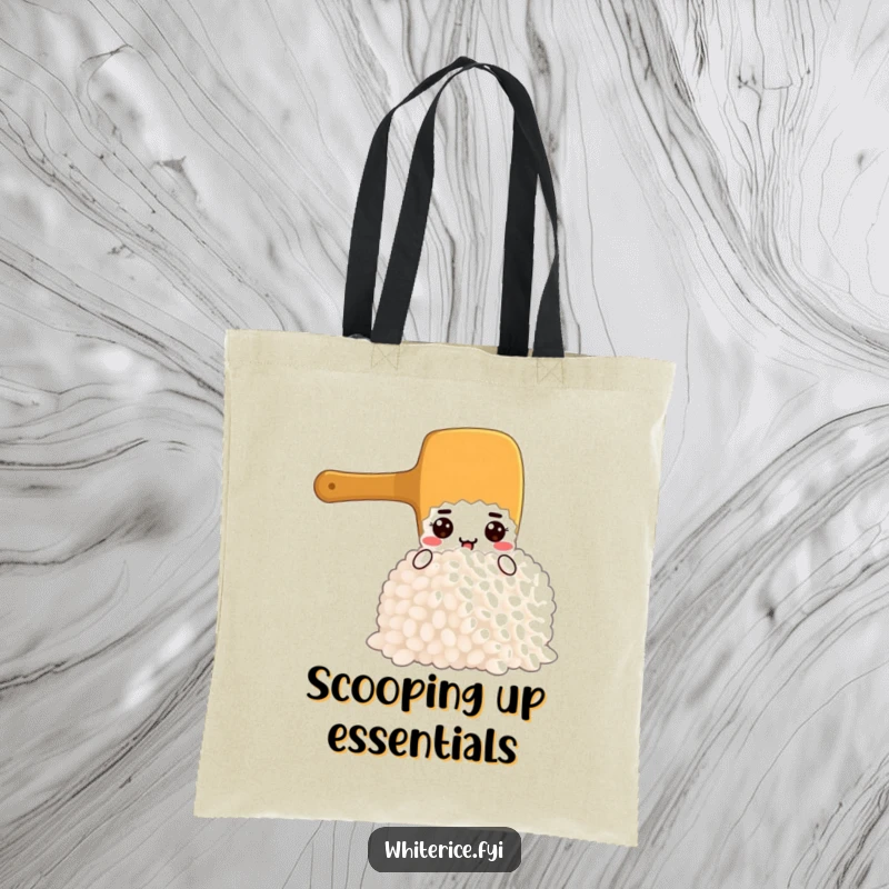 Funny tote bag showing a focused rice paddle character scooping a large portion of rice, designed for durability and style.
