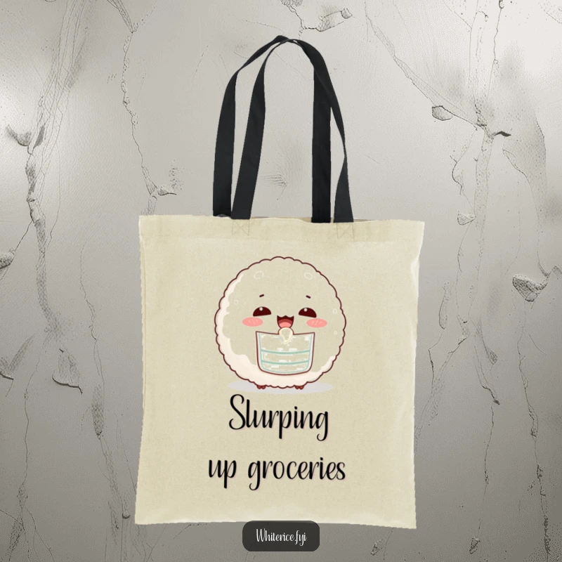 Funny tote bag with an amused rice ball in a tiny bib, happily slurping, ideal for carrying essentials.