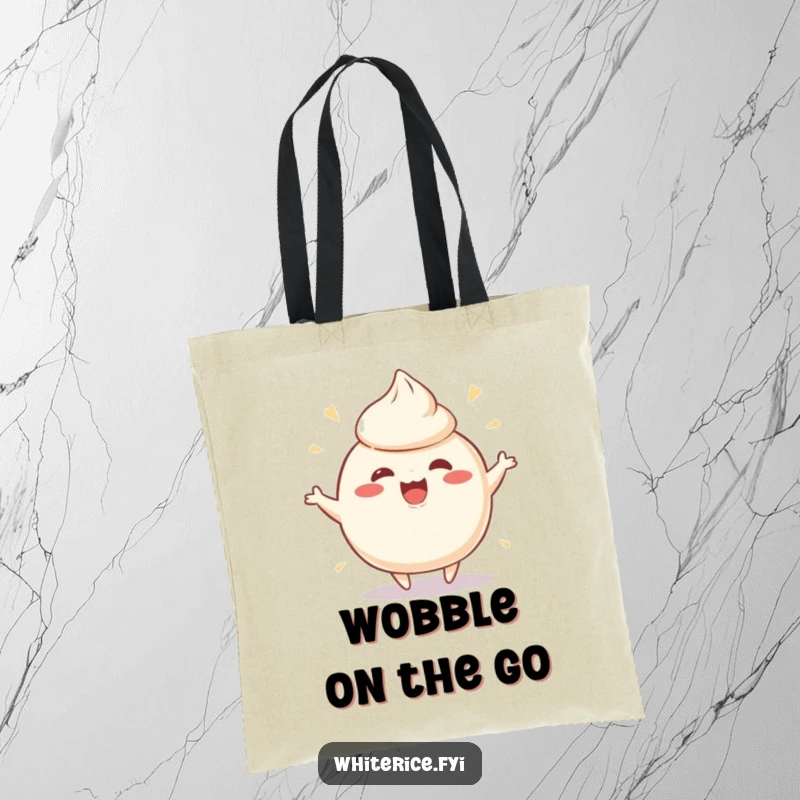 Funny tote bag showcasing a playful, wobbly rice pudding character wobbling ecstatically, perfect for carrying your happy essentials.